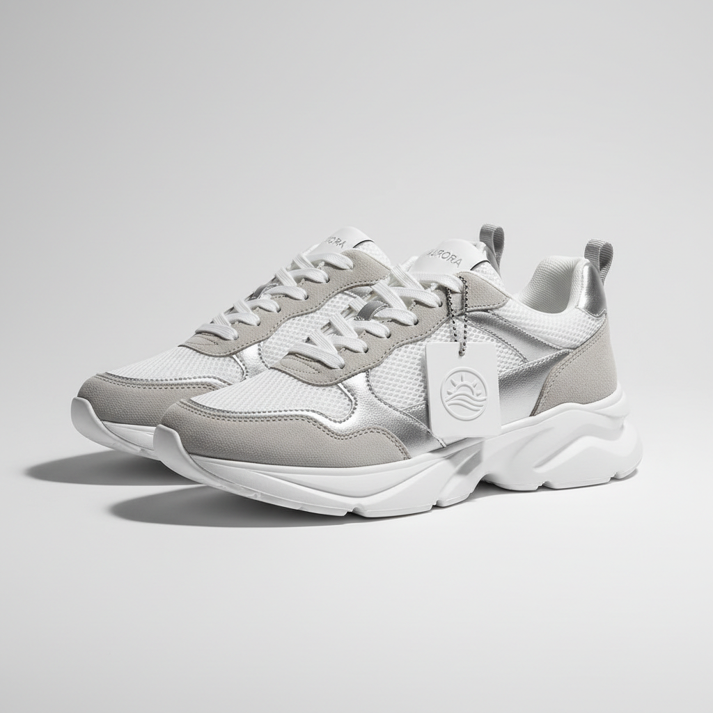 Sneakers modèn sou fon gri